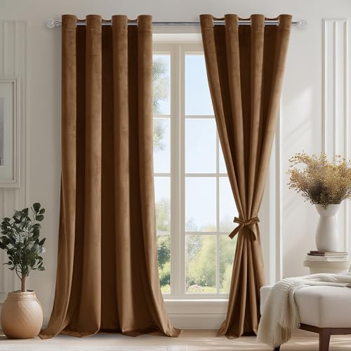 DWCN Kamel Braun Vorhänge Blickdicht Samtvorhang H245xB140cm Thermovorhang | Abdunkelnde Vorhänge mit Ösen 2er Set Vorhang Samt für Schlafzimmer Wohnzimmer, Weich Gardinen Velvet Curtains Dicker Winter