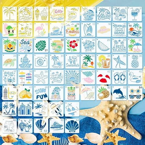 Mocrop 64 Stücke Stencil Schablonen Malen 7.6×7.6cm Sommerstrand Malschablonen Wiederverwendbar Scrapbook Schablonen Geeignet Für Bullet Journal,Wandgestaltung Schablone