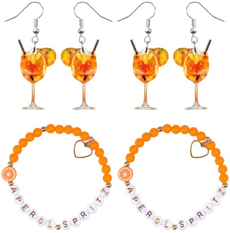 TUONYIS Aperol Spritz Geschenkset Orange Aperol Geschenk für Frauen, 2X Aperol Armbänder 2 Paar Ohrringe Weinglas, Aperol Spray Kostüm Accessoires Perfekt für Karneval Partys