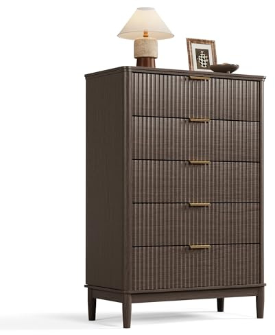LINSY Fluted Dresser for Bedroom with 5 Drawers, Mid Century Modern Chest of Drawers with Gold Metal Handles, Tall Boho Wood Dressers, Large Farmhouse Storage Cabinet for Bedroom, Living Room, Walnut