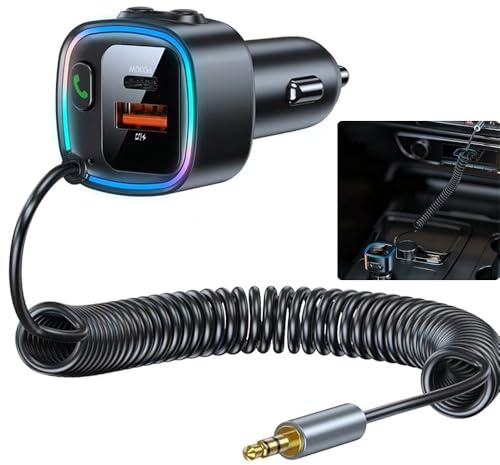 Aux - Adaptador Bluetooth 5.4 para coche – Receptor Bluetooth para llamadas manos libres y música inalámbrica, jack de 3,5 mm, compatible con carga rápida, cargador de coche con PD 30 W y QC 12 W