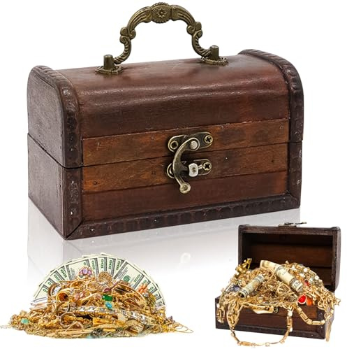 Spetsbst Kleine Holz Schatztruhe Box 14x8.5x8.5 cm Vintage Holztruhe | Piratenkiste Schatzkiste Holz Aufbewahrung für Schmuck, Münzen, Deko, Erinnerungsstücke (Rot)