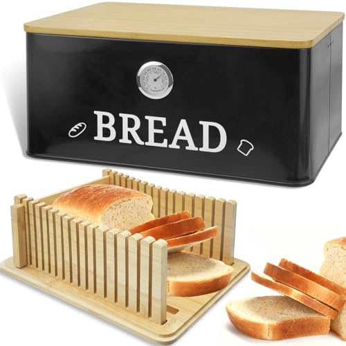 Boîte à Pain pour Plan de Travail - Organisateur de Cuisine avec Couvercle Bambou/Hygromètre - Conteneur de Rangement pour Pain au Levain, Pains et Baguettes - Planche à Découpe Intégrée - Noir