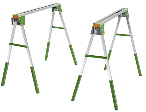 2 Pcs Green Work Trestle, Adjustable Folding Saw Horse, Metal Trestle Stands for Warehouses, Factories, Workspaces, Garages