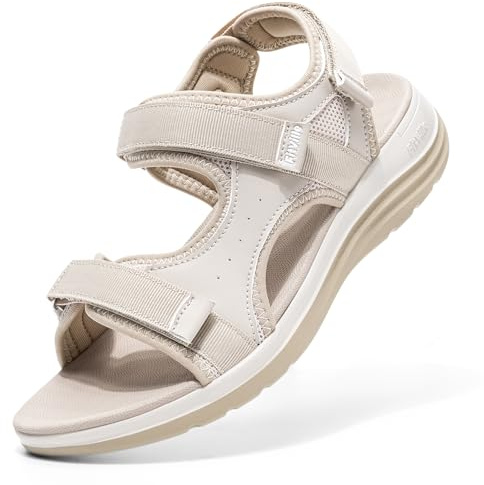 FitVille Women’s Wide Fit Walking Sandals, Adjustable Straps, Arch Support, Cushioned EVA Sole, Lightweight Non-Slip Summer Sandals Wide 6 UK Beige