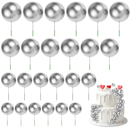 URAQT 24Pcs Cake Topper Decorations, Pearl Ball Shaped Cake Insert | Balloons Cake Decorations,Colorful, Foam, Round, Balloons Cupcake Toppers Sticks,for Birthday Party Wedding, Silver