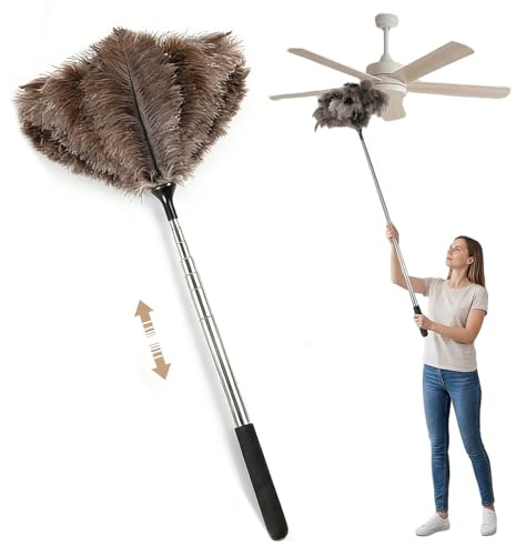 JIXLOUR - Plumero de polvo telescópico de plumas de avestruz, 101,6 cm, mango de madera reutilizable, plumas naturales y esponjosas para limpieza del hogar, coche y más