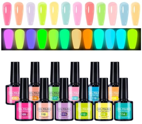Gel Polishhh - Juego de esmalte de uñas, 12 piezas de esmalte de uñas que brillan en la oscuridad con colores LED ultravioleta | Suministros de manicura brillantes para damas, niñas, mujeres, estudian
