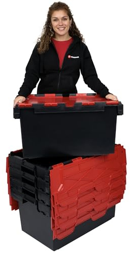 Plastor 5 x Large Plastic 80 Litre Heavy Duty Storage Boxes (71 x 46 x 36.8cm) Black and Red LC3 Crates with Attached Hinged Lids