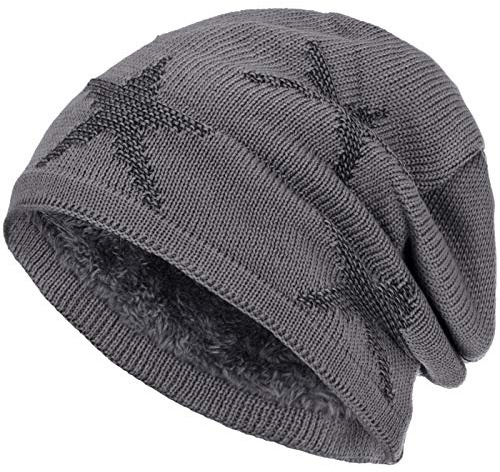 Compagno warm gefütterte Beanie Wintermütze Sternen Strickmuster mit weichem Fleece-Futter Mütze