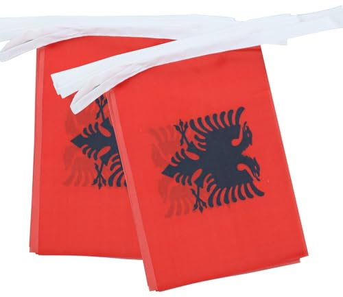 AZ FLAG Wimpelkette Albanien 6 m 20 Flaggen Leichtes Polyester 21x15 cm | Für innen und außen Albanische Flaggenkette Shqipëri Flaggen auf verstärktem Band vernäht