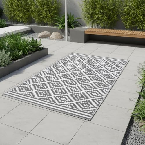 Jet-Line Outdoor Teppich Austin Grau 90 x 150 cm Gartenteppich | Witterungsbeständig, Geometrisches Design, Für Terrasse und Balkon