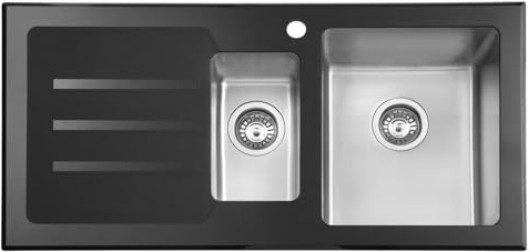 JASSFERRY Fregadero de cocina 1,5 senos, de Acero Inoxidable, escurridor a mano izquierda, con colador de residuos