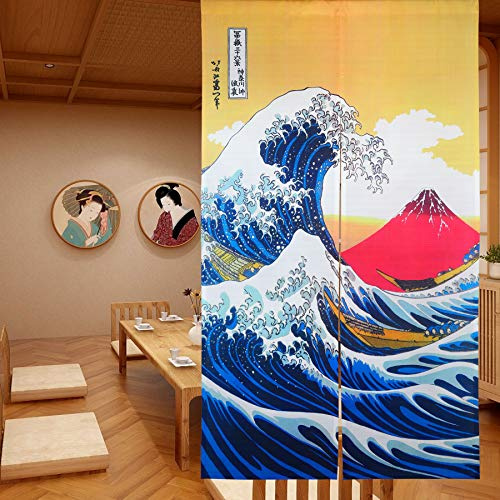 LIGICKY Japanische Gardinen Noren Lang Vorhang Türvorhang Schlafzimmer Tapisseri für die Heimtextilien Raumteiler 85 x 150 cm (Ukiyoe Hokusai The Great Wave Off Kanagawa Mt.Fuji
