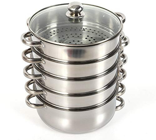 OUKANING Vaporera de 5 Niveles Acero Inoxidable Ø 26 cm Cacerola Vaporera de Patatas con Tapa de Cristal