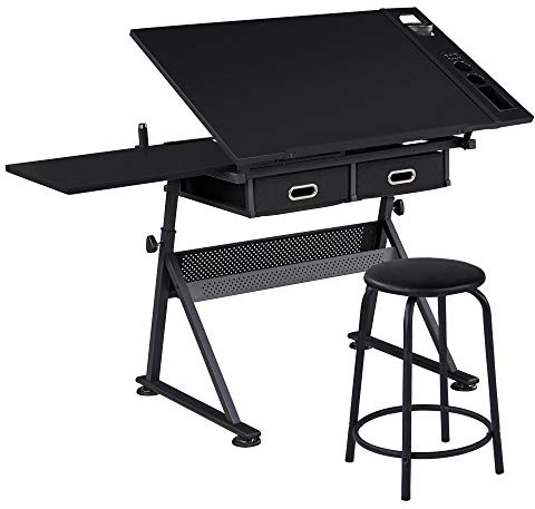 Yaheetech Drafting Table for Artists, Height Adjustable Drawing Desk Art/Craft Desk Diamond Paintings Work Station w/ 2 Storage Drawers and Stool for Home Office School, Black