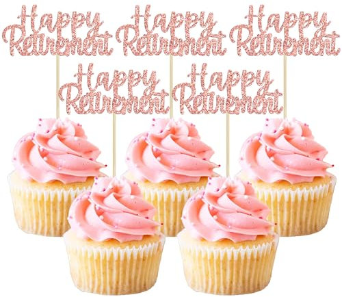 Gyufise 36 Pack Happy Retirement Cupcake Toppers Glitter Retired Cupcake Picks Retirement Theme Birthday Party Cake Decorations Rose Gold