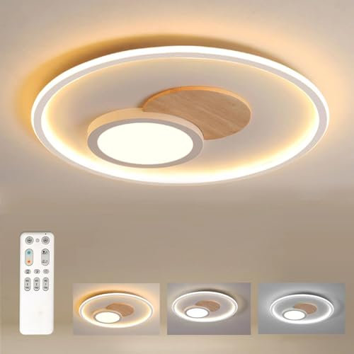 FitzMia LED Deckenleuchte, Deckenlampe mit Holz, Deckenlampen Dimmbar mit Fernbedienung, Moderne Runde Holz Deckenlampe für Schlafzimmer Kinderzimmer Wohnzimmer Küche