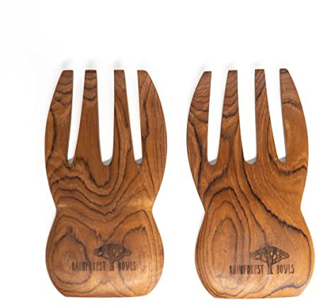 Rainforest Bowls Teak Wood Salad Serving Hands with Knob Handles - Pair - Wooden Spork for Salad - 7 Inch - Artisan Made Flatware from Indonesia - Unique Handmade Kitchen/Dining Table Decor