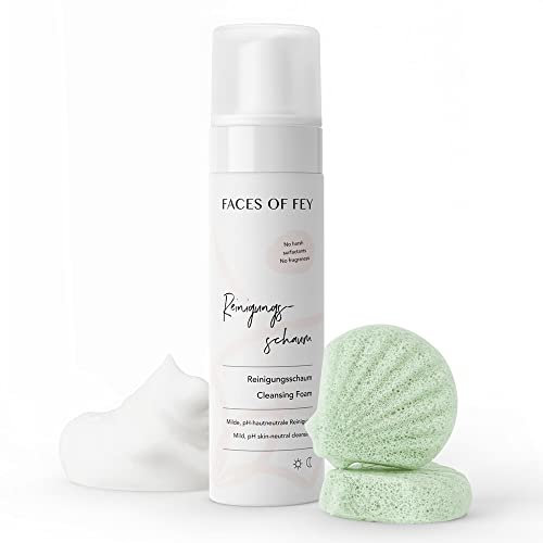 Cleanser Set zur Gesichtsreinigung für trockene, dehydrierte Haut - FACES OF FEY Milder Reinigungsschaum fürs Gesicht (200 ml) & Bio Konjac Schwamm mit Aloe Vera (2 Stück)