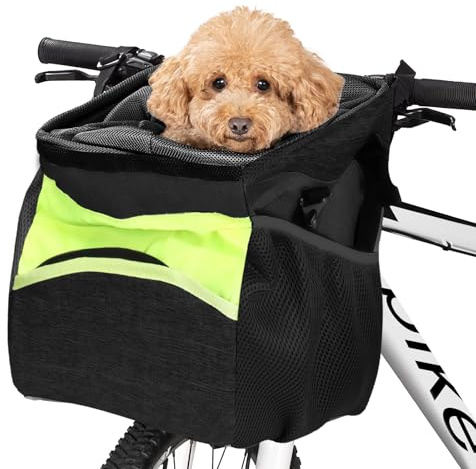 PETCUTE Haustier Fahrradtasche für Hunde Katzen,Fahrradkorb Vorne für Kleine Haustiere,Abnehmbar und Faltbar Tragetasche für Haustiere mit Sicherheitsgurt,Aufbewahrungstaschen,Einfache Installation