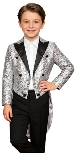 Aislor Veste Pailletté Garçon Costume Smoking Mariage Soirée Fête Enfant Manteau Gentilhomme Formel Blouse Tailcoat Queue de Pie Cirque Danse Spectacle Performance Argenté 13-14 Ans