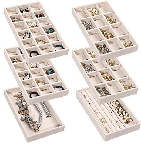 Frebeauty Schmuck Organizer Tablett, stapelbare Samt Schmuck Tabletts, Schublade Einsätze Ohrring Organizer für Frauen Mädchen Schmuck Lagerung Vitrine für Ringe Stud Halsketten, Set 6(Beige)