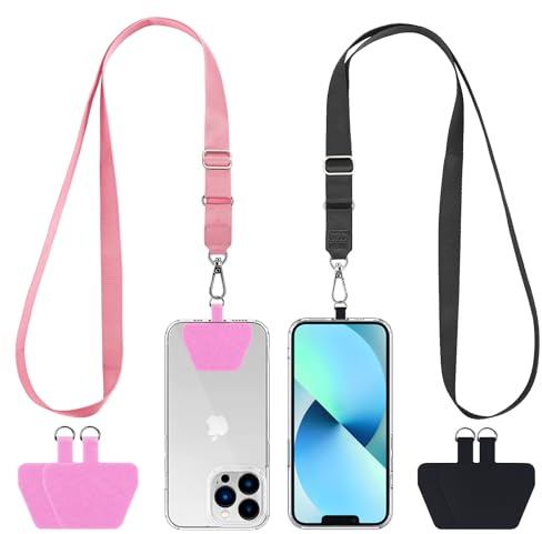 CACOE Phone Lanyard 2 Pcs Adjustable Neck Strap,4 Pcs Patches,Universal Crossbody Multifuctional Patch Cell Phone Lanyards Compatible with Most Smartphones(Black+Pink)