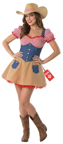 Fun Shack, Cowgirl Outfits for Women, Halloween Costumes for Women | Cowgirl Dress with Red Trim, Country Hat Included, Perfect for Halloween, Cowgirl Outfit Women, Adult Halloween Costume