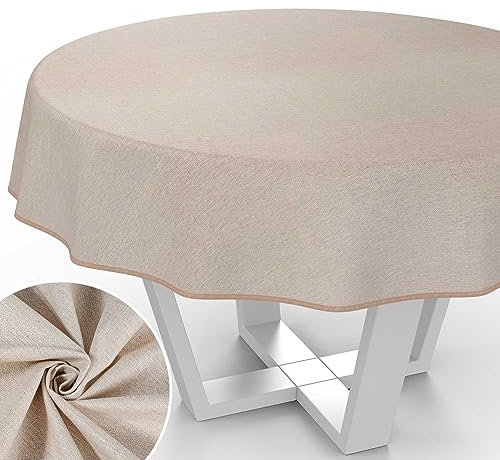 Stoff Tischdecke Textil Tischwäsche Tischtuch Baumwolle Polyester abwaschbar Uni Ornament Damast Jacquard Gewebe waschbar Beige Grau Rund 155cm mit Saum (Eingefasst)