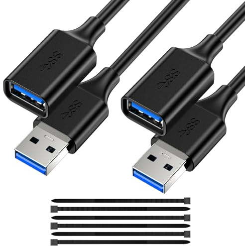 2 Pack USB 3.0 Extension Cable - 5FT USB A Male to Female, Compatible with Flash Drive, Hard Drive, Card Reader, Webcam, Printer, Keyboard, Mouse, Playstation, Xbox, VR Headset