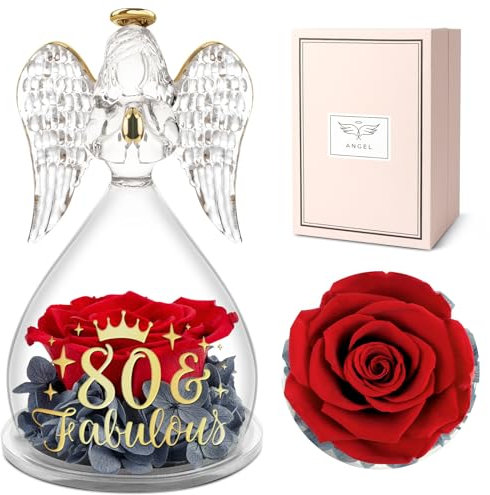 Yamonic Geburtstagsgeschenk für Frauen, Ewige Rose Geschenke zum 80 Geburtstag, Geschenke für Oma,Engel Figur Geschenke für Mama,Ewige Blume in Engel Glaskuppel,Geschenke für Frauen,80 Fabulous