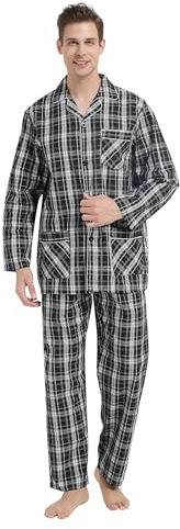 Global Herrpyjamas, lång pyjamas i bomull, tvådelade nattkläder, långärmad skjorta med V-ringning, fickor och knappslå, loungebyxor med band, nattkläder, L
