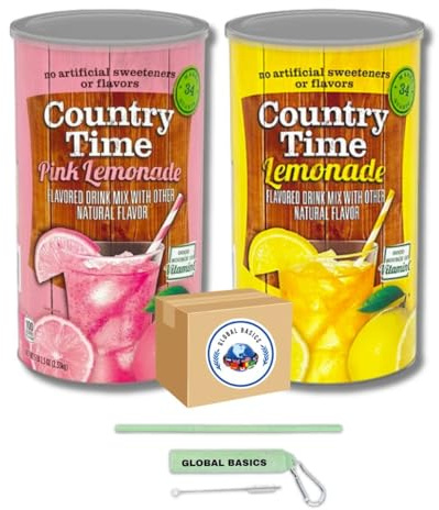 Global Basics Country Time Lemonade Mix Variety | Classic Lemonade and Pink Lemonade Flavors Included | Pack of Two 82.5 oz Canisters - 165 oz TOTAL | Includes A Global Basics Reusable Straw Set!