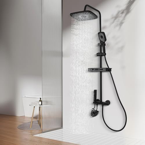 Dnkelar Douche sans thermostat Quatre modes Bain de douche Colonne de douche Hauteur de douche réglable Douche de pluie Convient à tout type de chauffe-eau (07 noir)