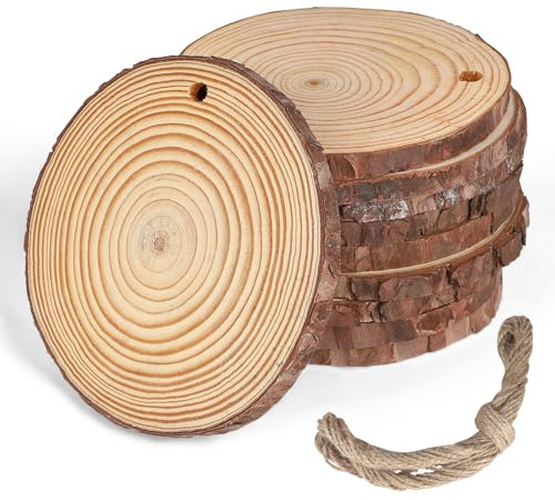 MIGUBIGU 10Pcs Dischi Legno 13-14cm, Dischetti di Legno da Decorare con 5 Metri di Corda di Juta, Fette di con Corteccia, Tronchi Decorativi, per Pirografo, Intagliare, Decorazioni Natalizie e Nuziali