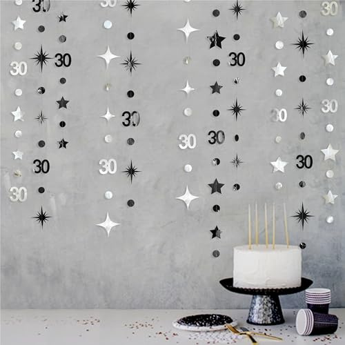 Silver Black 30th Birthday Decorations Number 30 Circle Dot Twinkle Star Garland Metallic Streamer Bunting Banner Backdrop for Mens Womens Happy Dirty 30 Year Old Thirty Anniversary Party Supplies