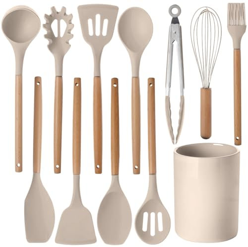 12 Pcs Kitchen Utensil Set, Silicone Cooking Utensils Set with Wooden Handle, Heat Resistant, Nonstick Cookware Tongs Spatula Spoon Set with Storage Bucket for Home, Camping, Dishwasher Safe (Khaki)
