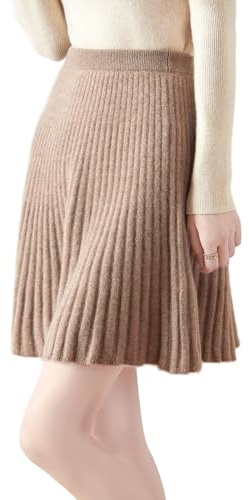 Ailaile Gonna corta Donna Autunno Inverno 100% Lana Merino Maglia Gonna Ragazza A Costine Elastico In Vita Gonne, Cammello, M