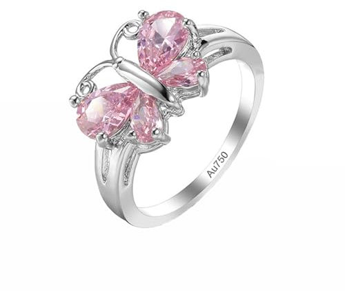 KnSam Freundschaftsringe Weißgold Au750, rosa Kristall Schmetterling Ring Pärchen Ringe Rosa, 18K Trauringe Echt Goldschmuck, Gr.60 (19.1)