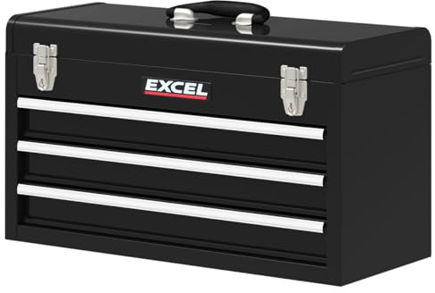Excel 21 3 Drawers Portable Tool Chest Cabinet with Ball Bearing Slides Black - Heavy Duty Metal Tool Box with Ball Bearing Drawers, Contains Secure Lock & Key for Safe Hand Tool Storage