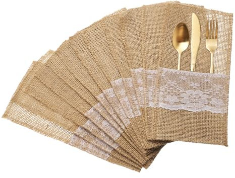 QUARKZMAN 24 Stück Jute Spitze Besteckhalter, 4 x 8 Bestecktasche Silberwarenhalter Natürliche Jute Tasche Jute Serviettentasche für Party Hochzeit