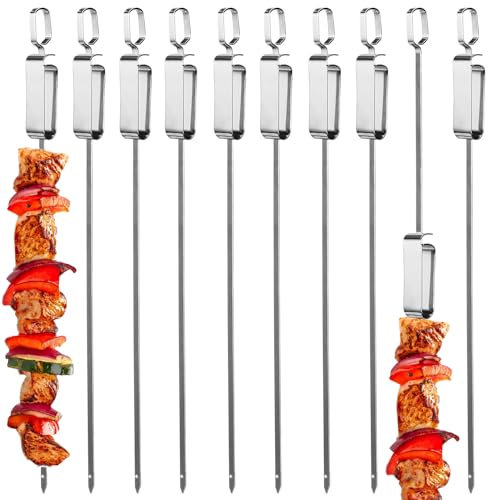 Grillspieße 10 Stück, 41cm*6mm*1.8mm Grill Kabob Spieße flache Schaschlikspieße mit Schnellverschluss, Edelstahl 304, Spießstäbe für Camping, breite, wiederverwendbare Schaschlikspieße Fleischspieße