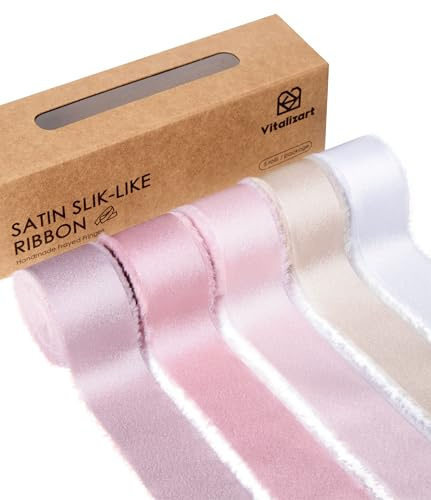 Vitalizart Nastro in Tessuto Rosa & Bianco 2,5 cm x 22,9 m (5 Rotoli*4,57 m), Nastro da Regalo di Lusso Fatto a Mano per Confezioni Regalo, Bouquet di Nozze, Decorazioni per Festival