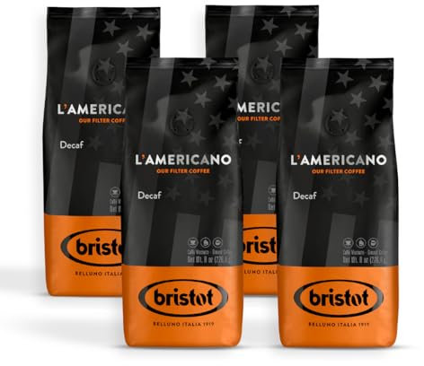 Bristot, Caffè Macinato L’Americano Decaf - Miscela per Caffè Decaffeinato Americano, Note di Cioccolato al latte, Spezie e Pane - Set da 4 Confezioni da 226g (Totale 904g)