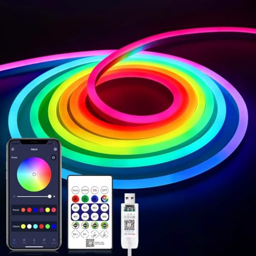 LRGBST 5V USB RGBIC Neon LED Streifen, 1M RGB LED Lichtband mit Bluetooth App und Fernbedienung für Raum Neon Dekoration Beleuchtung