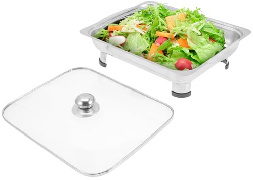 TOPPERFUN Multifunktions mit Glasdeckel aus Edelstahl Buffettablett Rechteckig mit Abgerundeten Ecken für Buffet und Selbstbedienung
