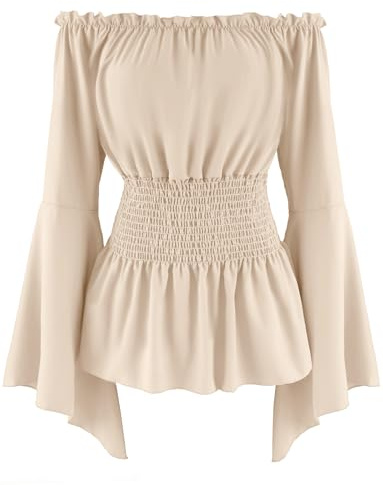 SEAUR Damen Renaissance Top Mittelalter Bluse Vintage Bluse mit Korsett Viktorianisches Wikinger für Festival Karneval Gelb L