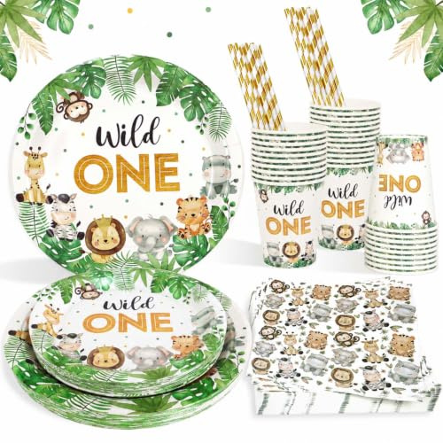 Heboland Set Stoviglie Wild One 1 Anno Safari, 100 Pezzi | Per 25 Ospiti, Cannucce Tovaglioli Piatti e Bicchieri per Feste di Compleanno 1 Anno Bimbo Giungla, Decorazioni Primo