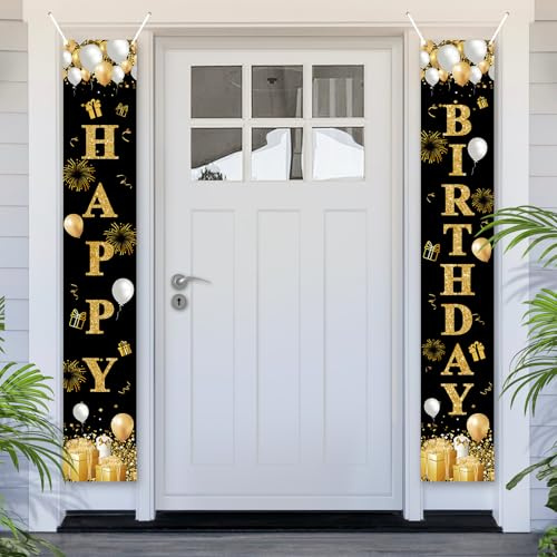 PartyYaa Bannière « Happy Birthday » - Décoration de porte - Décoration de porte - Pour intérieur et extérieur - Noir doré